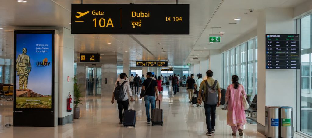 Rajkot to Dubai Flight Routes: Best Transit Options, Airlines & Airports 2 A photorealistic interior shot of a bright international airport departure corridor, illuminated gate signage showing a Dubai departure, travelers walking with cabin bags, clean modern architecture