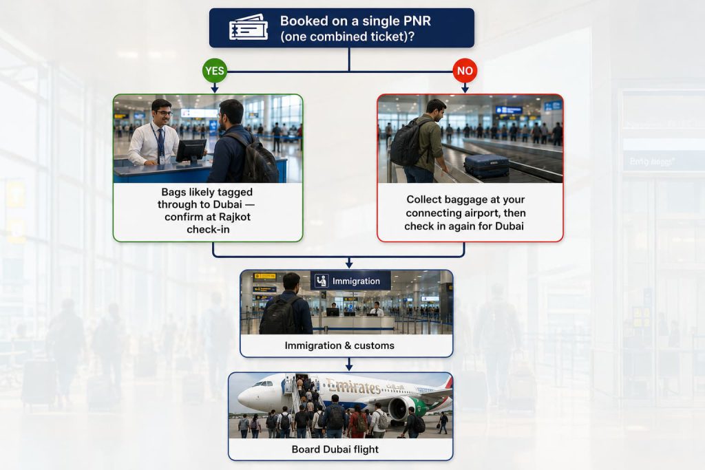 Airport Connection Baggage Flowchart for Rajkot-Dubai booking