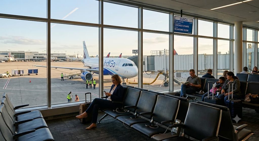 Rajkot Airport for Dubai Flights: International Departure Guide 2 An interior photograph of an airport gate waiting area (Gate B42) with large windows overlooking the tarmac. Seated passengers wait in chairs; a woman uses her phone in the foreground, and a family sits to the right with luggage. Through the window, an IndiGo Airlines plane is parked at the jet bridge, with ground crew visible. Above the gate, a screen displays 'IndiGo', 'CHICAGO O'HARE', and 'BOARDING SOON'.