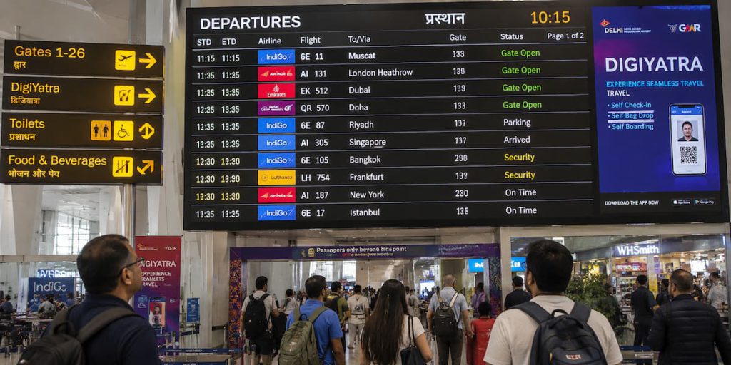 Rajkot to Dubai Flight Schedule: Daily, Weekly and Seasonal Timings 1 Departure information screen at an Indian airport showing international flight timings