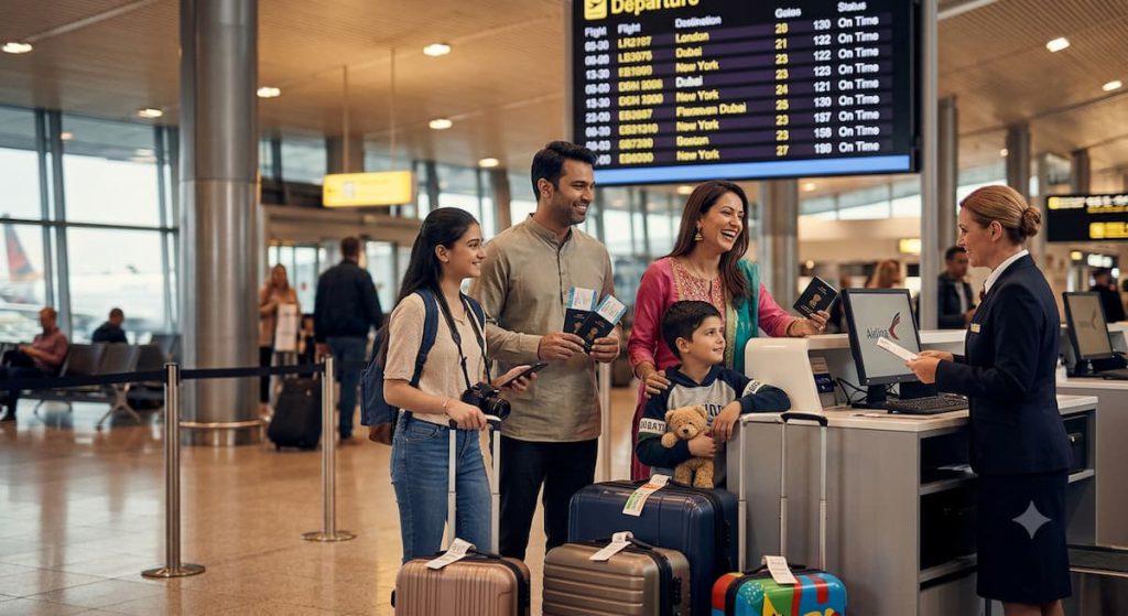 Rajkot to Dubai Flight Prices Explained: What Affects Your Fare 2 A candid photograph of a happy Indian family of four checking in at an airline counter in a busy airport terminal. The father holds passports and tickets, while the mother is laughing and talking to a female airline agent. Their teenage daughter stands nearby with a camera around her neck, and their young son is holding a teddy bear and standing on colorful children's luggage. The family is holding Indian passports. A large 'Departure' board is visible in the background, showing flight information for international destinations like London and New York. The scene is warmly lit with large windows looking out onto the tarmac.