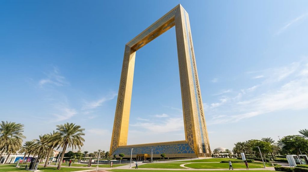 Dubai Frame Guide: Tickets, the Sky Deck Glass Floor, and Whether It Beats the Burj 1 Low angle view of the golden Dubai Frame structure rising against a blue sky in Zabeel Park