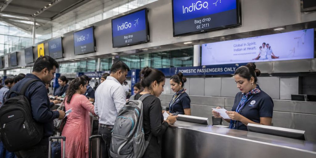Direct Flights to Dubai from Indian Cities (2026 Guide) 2 Passengers at an airport check-in counter with airline staff