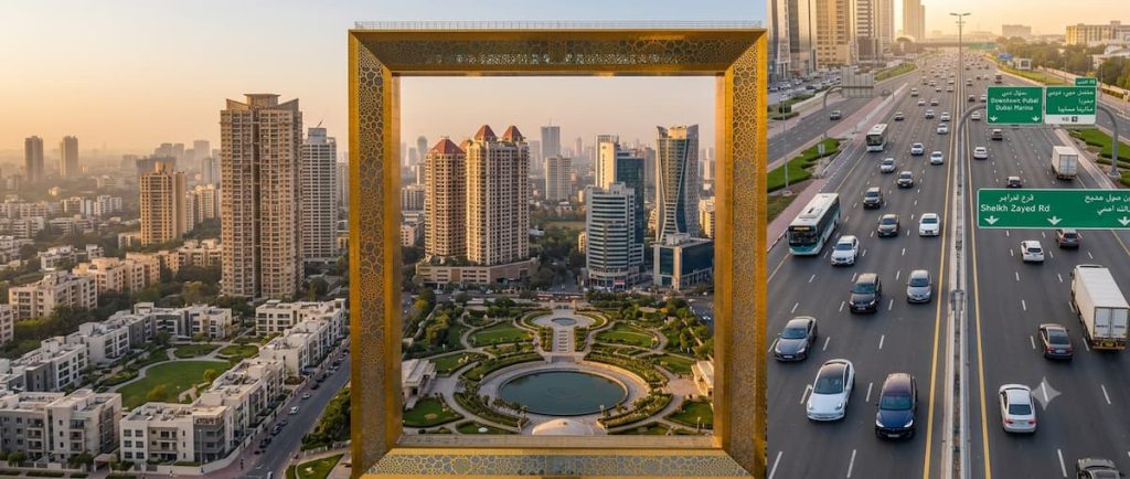 Dubai Frame Guide: Tickets, the Sky Deck Glass Floor, and Whether It Beats the Burj 2 The Dubai Frame seen from above with the city skyline and highway behind it