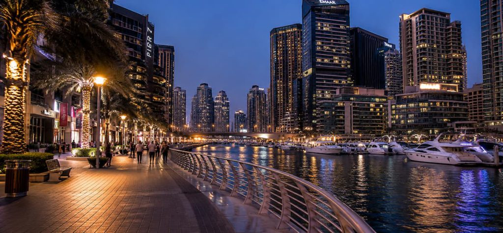 Best Area to Stay in Dubai for First-Time Indian Tourists 1 The Marina Walk promenade along Dubai Marina's canal
