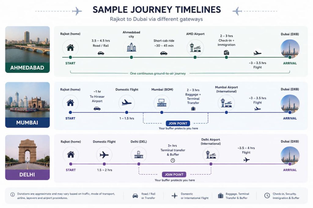 Best Connecting Airports for Rajkot to Dubai Flights 2 Travel Timeline Infographic Three Routes to Dubai