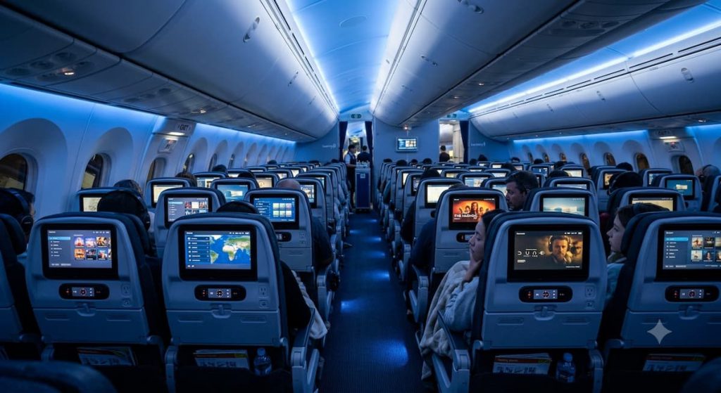Which Airlines Fly from Rajkot to Dubai: Complete Airline Comparison 2 A photorealistic interior view looking down the aisle of a widebody commercial airplane's economy class cabin. Rows of modern seats are equipped with individual, illuminated seatback entertainment screens displaying flight maps and movies. The entire cabin is bathed in soft, ambient blue LED mood lighting along the ceiling and side panels, creating a calm atmosphere for passengers during a night flight.
