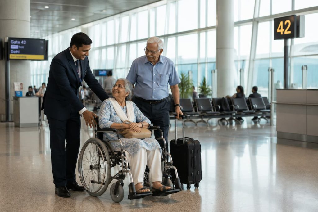 Choosing the Right Rajkot to Dubai Flight Based on Your Travel Style 2 Airport staff member assisting an elderly couple with a wheelchair near a spacious departure gate at a modern Indian airport, with soft natural daylight and a calm travel environment.