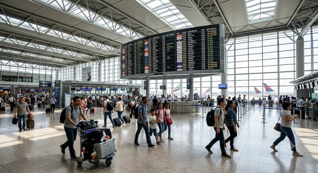 Best Connecting Airports for Rajkot to Dubai Flights 1 A wide-angle interior photograph of a busy modern international airport departure hall with a soaring steel and glass grid roof. Floor-to-ceiling windows on the far wall reveal parked commercial aircraft. Centered in the hall is a massive, elevated flight information display board (FIDS) showing flight times and destinations. Numerous travelers with various rolling suitcases and backpacks walk across the polished floor, including a family and a man with a large silver hard-shell suitcase. Other airport signs and facilities are visible in the background.