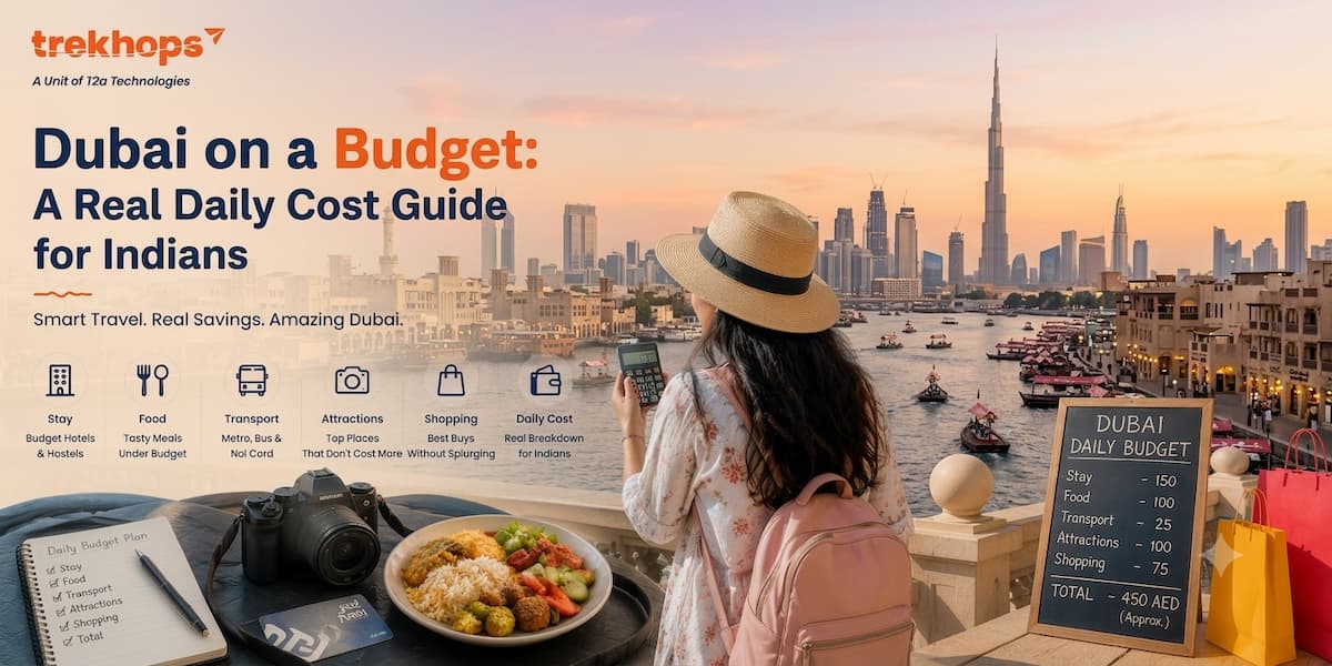 An informational guide image for budget travel in Dubai, featuring a tourist woman with a backpack and straw hat looking over the city skyline, including the Burj Khalifa. Text overlays provide detailed advice: "Dubai on a Budget: A Real Daily Cost Guide for Indians". The image includes cost breakdown categories like Stay, Food, Transport, Attractions, and Shopping. A foreground table holds a budget notebook, a camera, a plate of food, and a sign with an approximate daily total of 450 AED