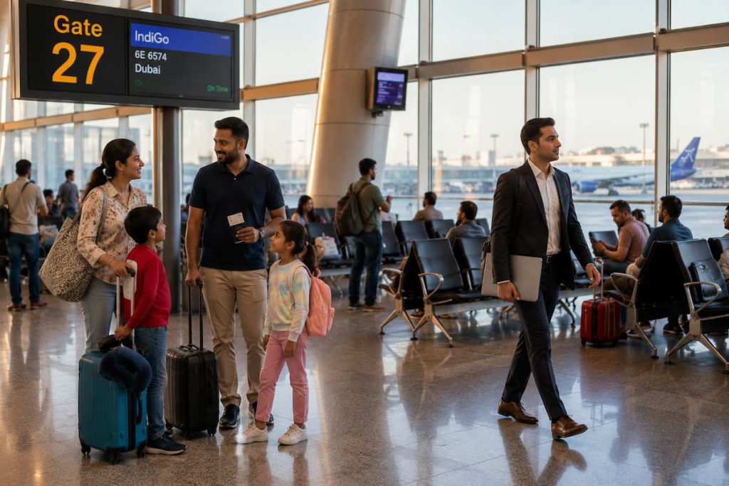 Choosing the Right Rajkot to Dubai Flight Based on Your Travel Style 1 Indian family with young children and a business traveler carrying a laptop bag waiting at a modern airport departure gate, with warm afternoon natural light and a spacious terminal setting.