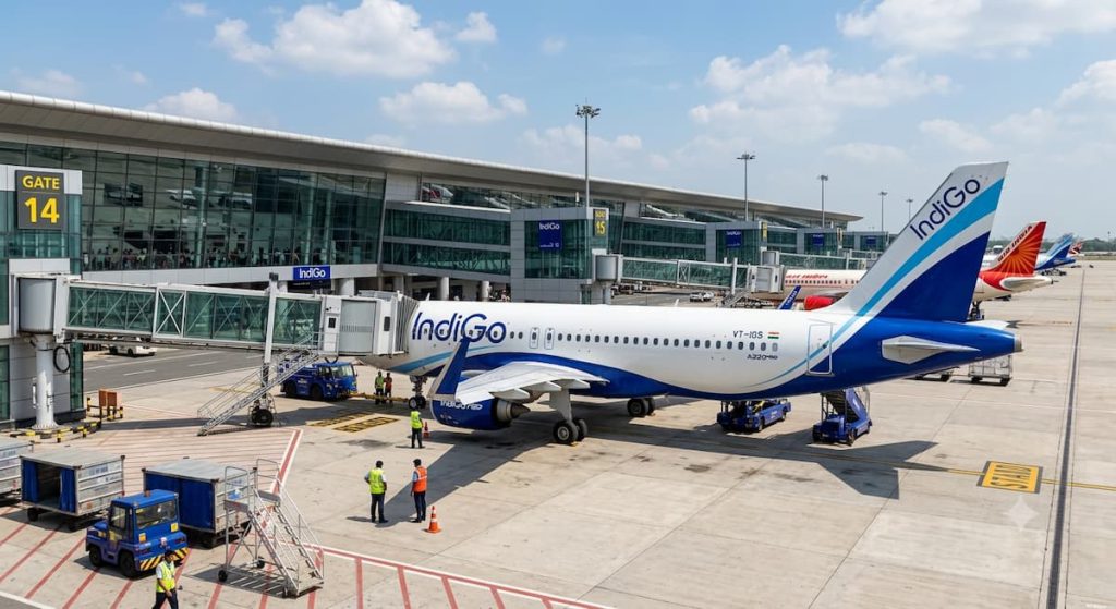 Which Airlines Fly from Rajkot to Dubai: Complete Airline Comparison 1 Narrow-body Indigo passenger jet parked at an aerobridge gate at a modern Indian airport terminal with ground crew on a sunny day.