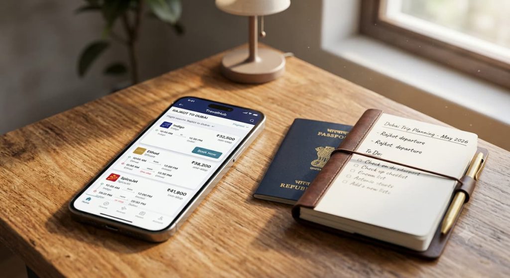 Rajkot to Dubai Flight Prices Explained: What Affects Your Fare 1 A close-up photograph of a rustic wooden desk with natural window light illuminating trip planning items. A smartphone displays a travel booking app showing flight search results from 'Rajkot to Dubai' for airlines like Indigo, Etihad, and SpiceJet with prices. To the right, an Indian Republic passport and an open, leather-bound notebook with handwritten notes titled 'Dubai Trip Planning - May 2026' and a task checklist are present, with a golden pen beside them. A table lamp and a plant are visible in the blurred background.