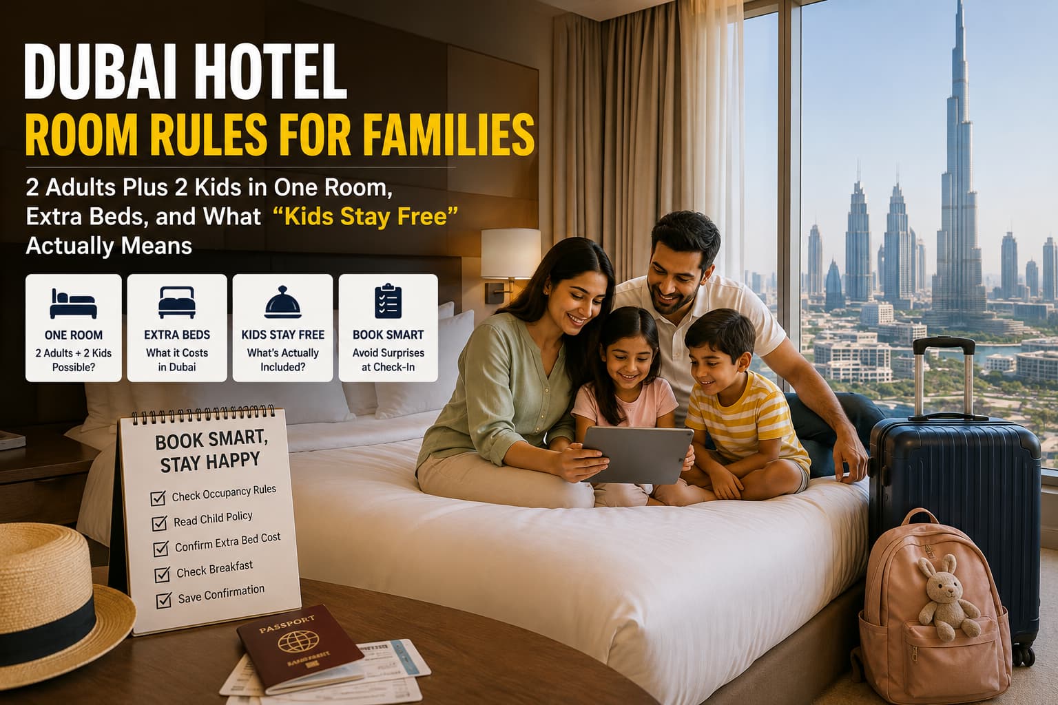 Dubai hotel room rules for families with 2 adults and 2 kids, extra beds, occupancy limits and kids stay free policies