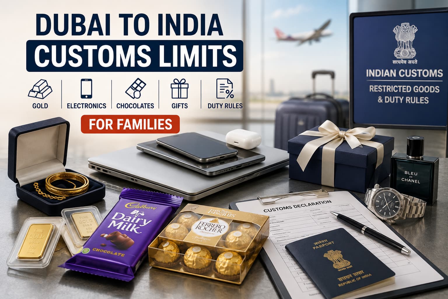 Dubai to India customs limits for families covering gold, electronics, chocolates, gifts and duty rules