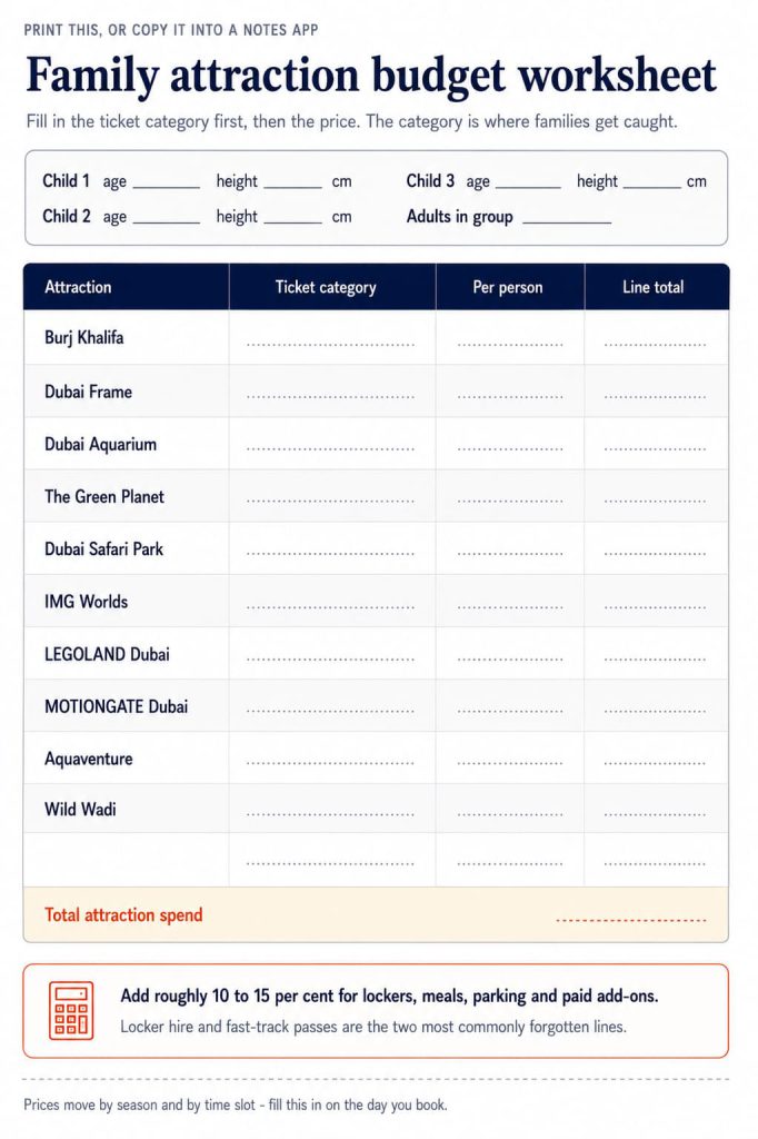 A blank worksheet with a row for each major Dubai attraction and columns for ticket category, per-person price and line total, used to estimate family attraction spend.
