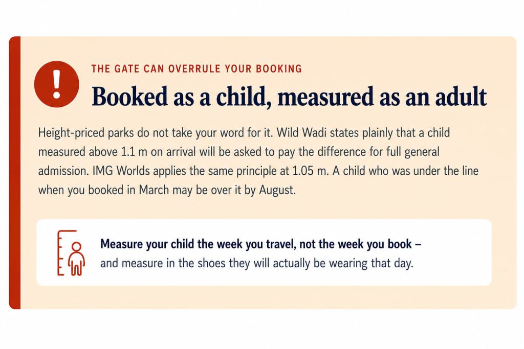 A callout explaining that some Dubai attractions measure children on arrival and charge the difference if the child is taller than the ticket booked for them.