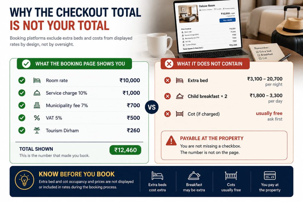 Dubai Hotel Room Rules for Families: 2 Adults Plus 2 Kids in One Room, Extra Beds, and What "Kids Stay Free" Actually Means 6 Comparison of what a Dubai hotel booking page shows in its total, being room rate, service charge,
municipality fee, VAT and Tourism Dirham, against what it excludes: extra bed, children's breakfast and
cot charges payable at the property