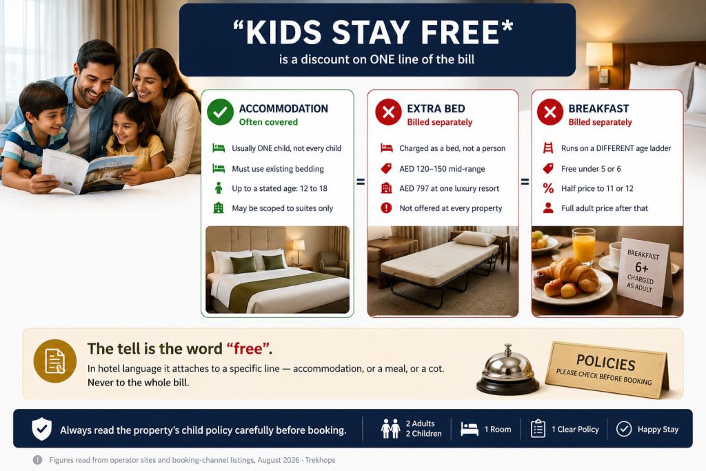 Dubai Hotel Room Rules for Families: 2 Adults Plus 2 Kids in One Room, Extra Beds, and What "Kids Stay Free" Actually Means 7 Explainer showing that a Dubai hotel "kids stay free" offer covers accommodation only. Accommodation is
marked as often covered, while extra bed and breakfast are marked as billed separately, joined by not-
equals signs.
