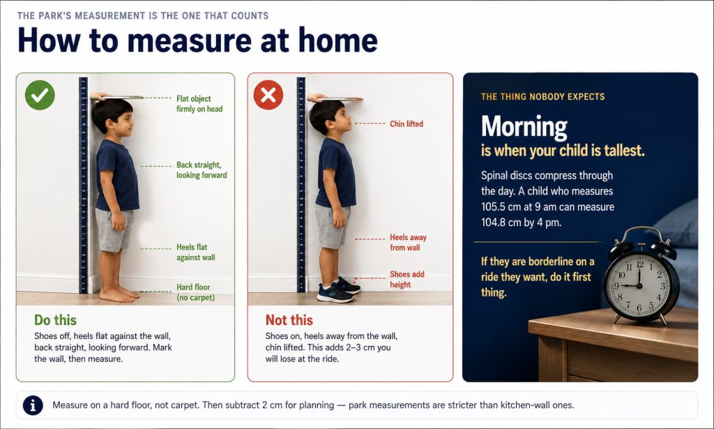 Diagram of correct and incorrect ways to measure a child's height, and why children measure tallest in the morning