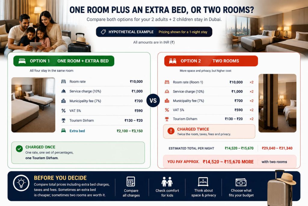 Dubai Hotel Room Rules for Families: 2 Adults Plus 2 Kids in One Room, Extra Beds, and What "Kids Stay Free" Actually Means 8 Side-by-side comparison of one Dubai hotel room with an extra bed versus two rooms, showing that a
second room duplicates the room rate, service charge, municipality fee, VAT and Tourism Dirham while an
extra bed duplicates none of them