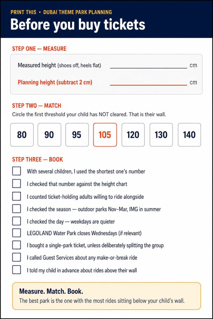 Printable checklist for measuring a child and completing the checks before buying Dubai theme park tickets