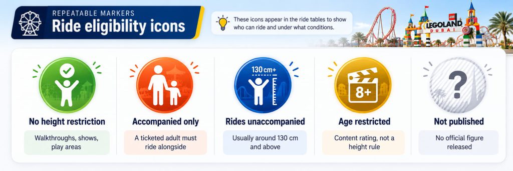 Icons for the five ride eligibility types: no restriction, accompanied only, unaccompanied, age restricted, and not published