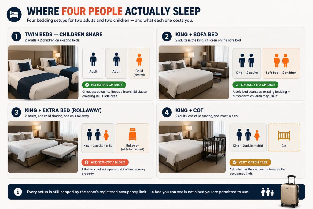 Dubai Hotel Room Rules for Families: 2 Adults Plus 2 Kids in One Room, Extra Beds, and What "Kids Stay Free" Actually Means 4 Four Dubai hotel room plans showing where two adults and two children sleep: twin beds shared, king plus
sofa bed, king plus rollaway extra bed, and king plus cot, with the cost consequence of each