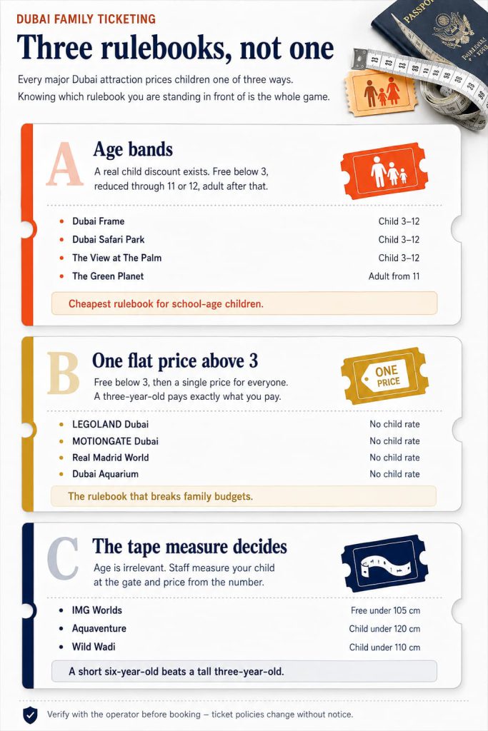 Three ticket stubs showing the three ways Dubai attractions price children: age bands with a real child discount, one flat price for everyone above age three, and height measured at the gate.